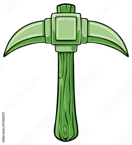 Illustration of a Green Pickaxe Tool with Wooden Handle for Mining or Construction