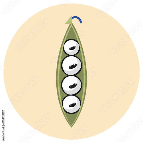 Stylized Pea Pod Icon with Four Peas Inside Green Pod on Cream Background Food Illustration Isolated