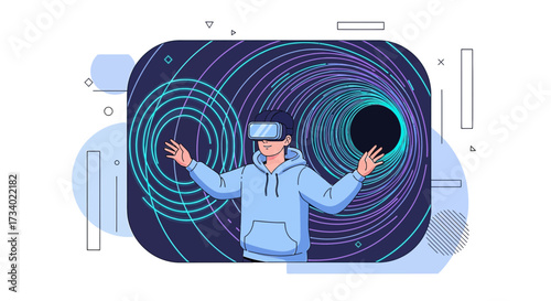 Illustration of a person wearing VR goggles interacting with a digital metaverse world