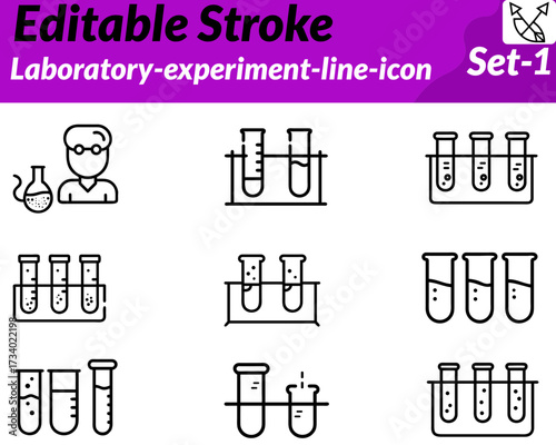 A modern icon showing test tubes, a flask with bubbling liquid, and a microscope, symbolizing scientific research, experiments, discovery, and innovation in chemistry, biology, and laboratory studies.