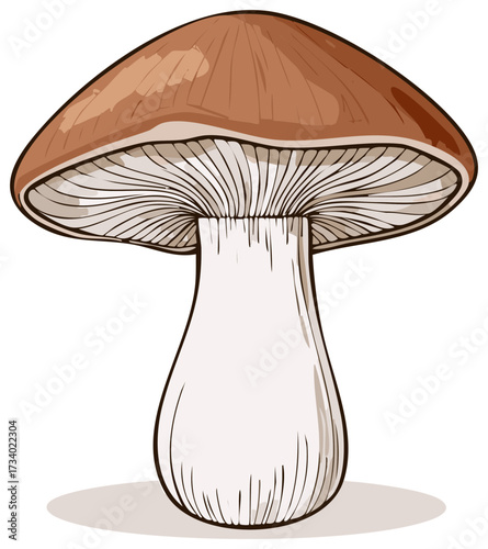 Brown Mushroom Illustration, Edible Fungi with Cap and Stalk, Forest Plant, Woodland Nature, Vegetarian Food, and Mycology Art