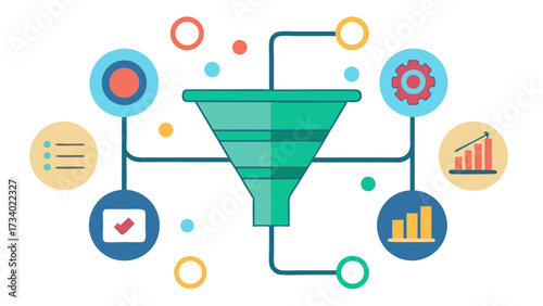 A green funnel with a bunch of colorful circles around it. The circles are labeled with different things like "email" and "graphs"