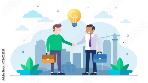 Two men shake hands in front of a city skyline. One man is wearing a green shirt and the other is wearing a white shirt. They both have briefcases in their hands