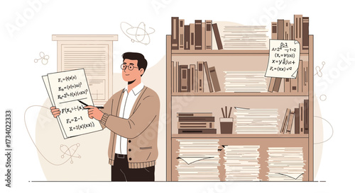 Illustration of a physics professor explaining equations with a full bookcase background academic