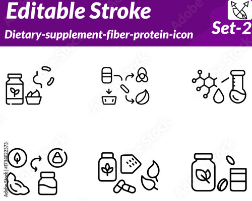 Dietary supplement fiber protein. A vibrant icon showing a protein scoop. fiber-rich foods like grains and vegetables, and a supplement bottle, symbolizing nutrition dietary support healthy digestion.