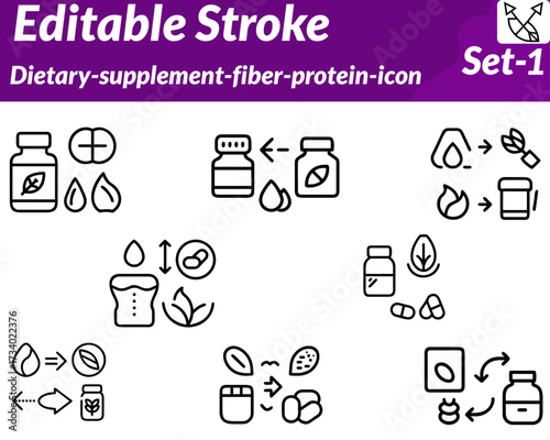 Dietary supplement fiber protein. A vibrant icon showing a protein scoop. fiber-rich foods like grains and vegetables, and a supplement bottle, symbolizing nutrition dietary support healthy digestion.