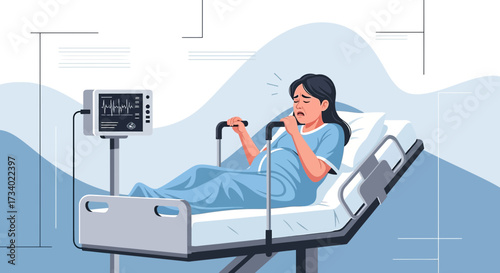 Illustration of a pregnant woman in labor lying in a hospital bed with monitor showing vital signs