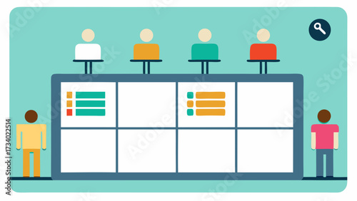 A group of people are standing in front of a white board with a clock on the right. The board has a list of tasks and a schedule. The people are looking at the board and discussing their tasks