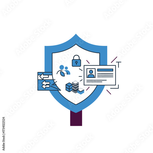 A digital security shield with icons representing data protection and user authentication.
