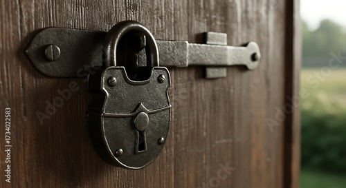 Vintage padlock securing wooden door with metal latch against blurred background