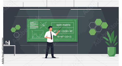 Illustration of a professor lecturing on physics and mathematical equations  on a board