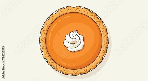 Pumpkin pie with whipped cream top view. Vector illustration in flat style on white background.