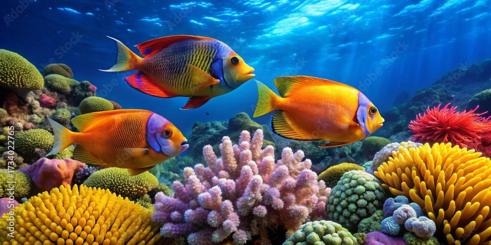 Fototapeta premium Vibrant Reef Scene Featuring Three Colorful Fish Swimming Amongst Diverse Coral Formations