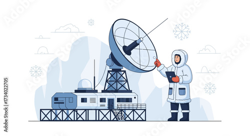 Illustration of a research scientist adjusting a satellite dish in a polar climate station