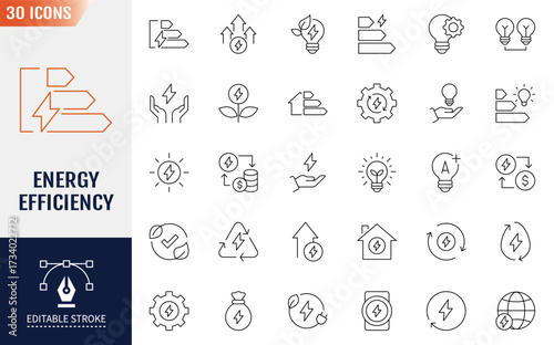 Energy Efficiency Line Editable Icons set. Containing icons :  energy saving, light bulb, sustainability, electricity, and more. Vector illustration