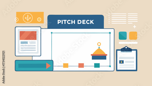 A white background with a blue and yellow text that says Pitch Deck. The image is filled with various shapes and colors, giving it a playful and creative vibe