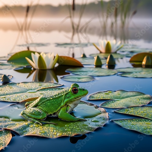 Frog on Lily Pad in Pond.