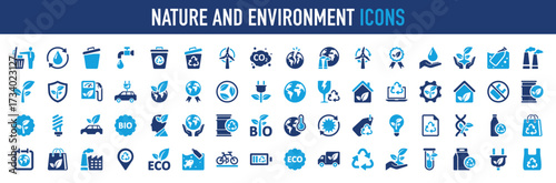 Set of Nature and environment vector icon. Delete, Ecology, Renewable, Garbage Can, Industrial, Save, Tea , Vehicle, Danger, Beach, Award, Leaf, Power, Globe, Trash Can, Home, Remove illustration.
