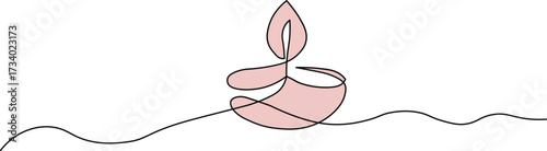 Elegant one-line art of a Diya lamp with soft pink fill, ideal for Diwali invitations or cultural event promotions, conveying peace, light and prosperity this festive season
