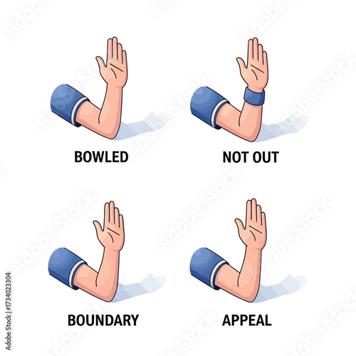 Illustration set of four common cricket umpire hand signals: bowled, not out, boundary, and appeal.