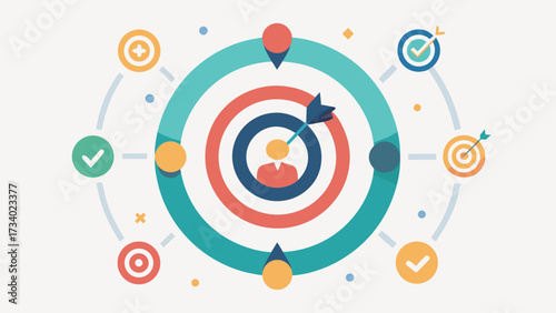 A colorful image of a man with a target on his head. The image is a representation of a goal or target that someone is trying to achieve. The man is surrounded by various targets, arrows