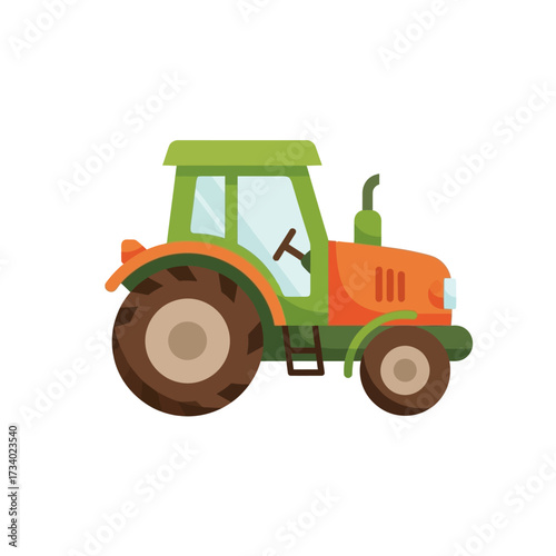 Illustration of a cartoon tractor with green and orange coloring.