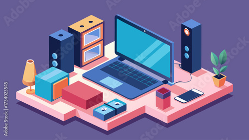 A laptop is placed on a table with a box, a cell phone, a potted plant, and a TV. The laptop is the main focus of the image, and it is surrounded by various electronic devices and objects