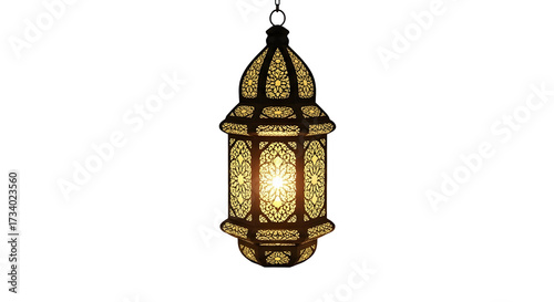 Ornate hanging lantern with intricate patterns and a warm, inviting glow, perfect for festive occasions.