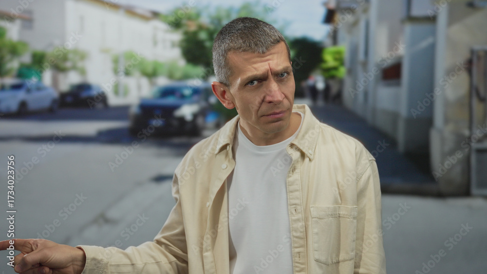 Obraz premium Caucasian man making gesture outdoors on a busy street, showing a serious expression during daylight, with parked cars and buildings visible in the background.