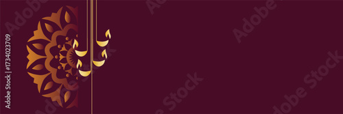 Celebrate Diwali with this stunning maroon and gold background featuring decorative oil lamps and mandala for a truly vibrant and festive holiday design
