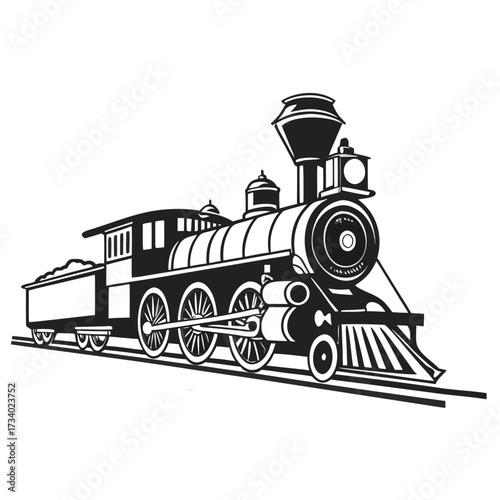 Vintage steam locomotive with tender car on railroad tracks black and white illustration steam engine