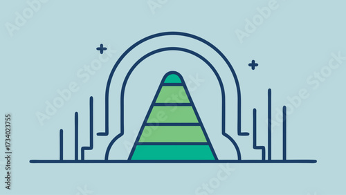 A blue background with a green pyramid on it. The pyramid is a tall structure with a green roof