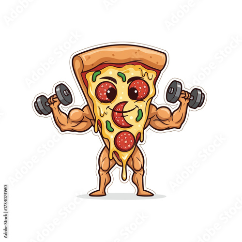 Vector illustration of funny cartoon slice of pizza character with muscular arms lifting dumbbells