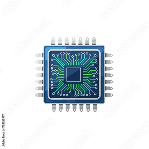 A detailed illustration of a square blue computer microprocessor chip with intricate green and blue circuit pathways and silver pins on a white background.