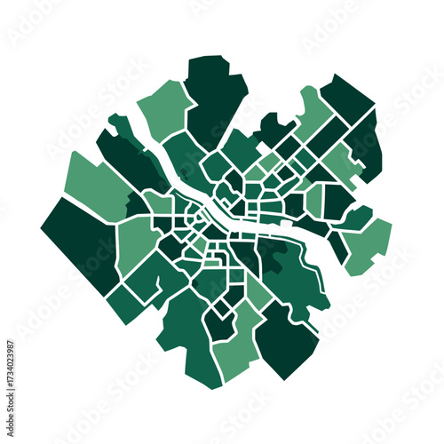 Stylized map of a city with green areas and a river running through it.