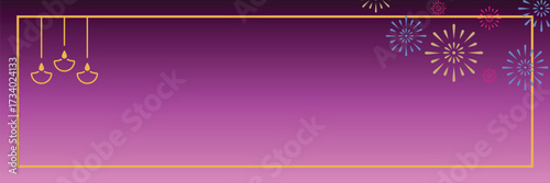 Celebrate Diwali with a custom invitation or warm greeting card using this vibrant purple background featuring hanging diya lamps and festive fireworks elements perfect for the occasion
