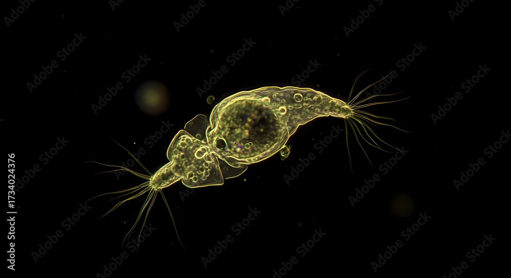 Obraz premium A close-up of a protozoan parasite with a rounded shape, textured surface, and flagella, set against a blurred background.