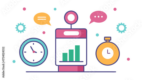 A colorful clock and a green bar graph are displayed on a white background. The clock is on the left side of the image, and the bar graph is on the right side. Concept of time management