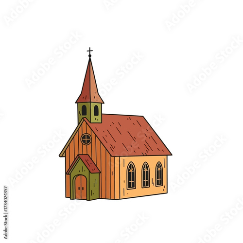 A hand-drawn cartoon illustration of a small, rustic wooden church with a steeple and cross, isolated on a white background.
