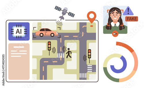 AI analyzing smart city traffic, car, pedestrian, signals via satellite, map pin, deepfake identification with warning. Ideal for technology, AI, smart city navigation innovation safety data