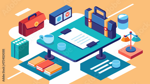 A colorful drawing of a desk with a briefcase, a cup, a book, and a piece of paper