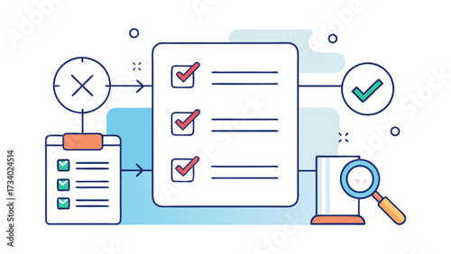 A white background with a blue and red check mark on a piece of paper. The paper has a list of items with check marks on them