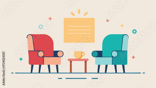 Two chairs are sitting in front of a wall with a sign on it. A cup is on a table in front of the chairs. The chairs are colorful and the sign is yellow. Scene is cheerful and inviting