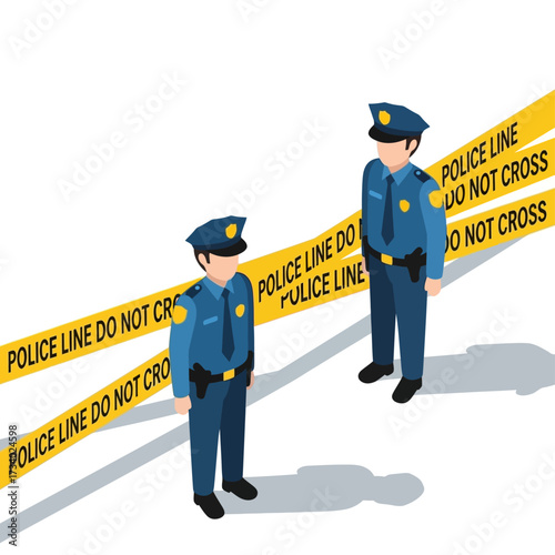 Illustration of two police officers standing behind yellow police tape.