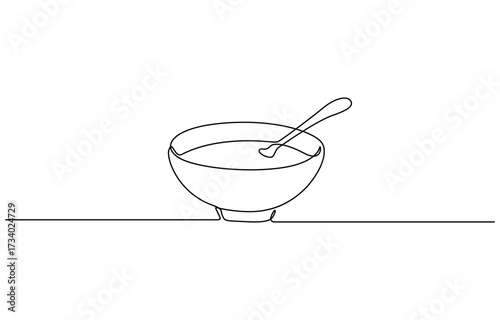 Continuous one line drawing of Bowl of hot soup with spoon vector illustration. Editable outline