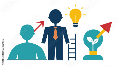 A man in a suit is holding a ladder and a light bulb. Concept of progress and growth, as the man is climbing the ladder towards success. The light bulb represents innovation and creativity