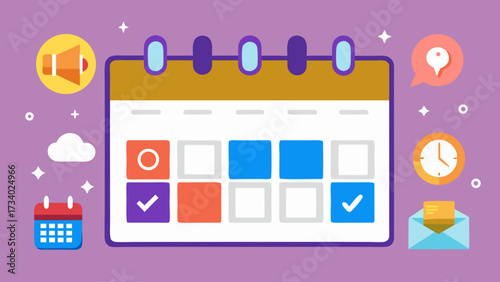 A calendar with a purple background and a lot of different icons and pictures on it. The calendar is full of different things like a clock, a calendar, and a check mark