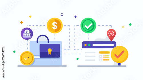 A white background with a blue box with a yellow lock and a red check mark. The box is surrounded by a bunch of coins and a clock