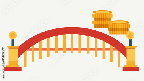 A bridge with a pile of coins on top of it. The bridge is red and yellow. The coins are gold and silver