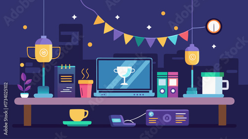 A colorful office desk with a laptop, a cup, a clock, and a trophy. The desk is decorated with colorful items and a trophy, which suggests that the owner is celebrating a victory or achievement